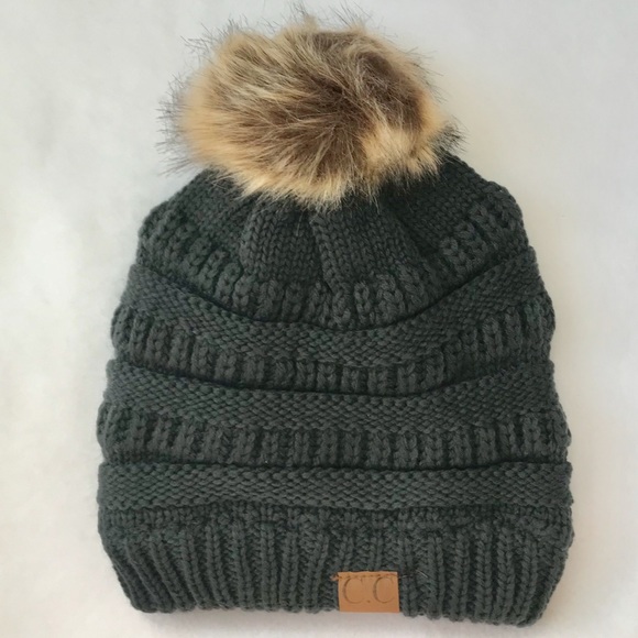 C.C Dark Grey Cable Knit Beanie Faux Fur Pom Pom - Picture 2 of 4